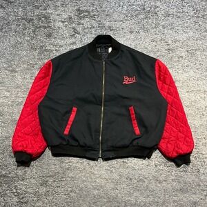 Vintage Budweiser Bomber Jacker Mens Large Boxy Black Red 80s Quilted Sleeves